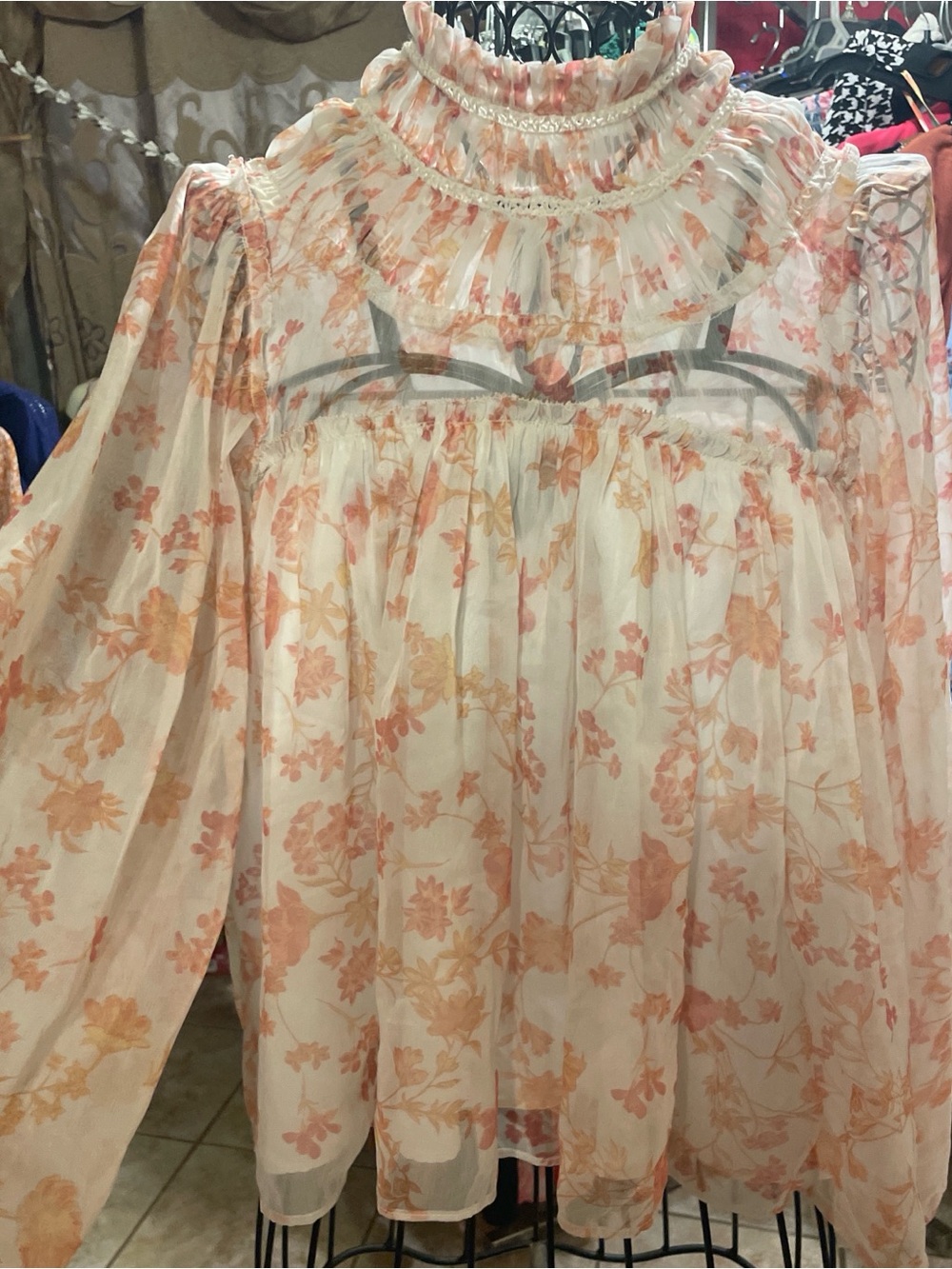 French Connection Cream Sheer Blouse with Peach Floral Print